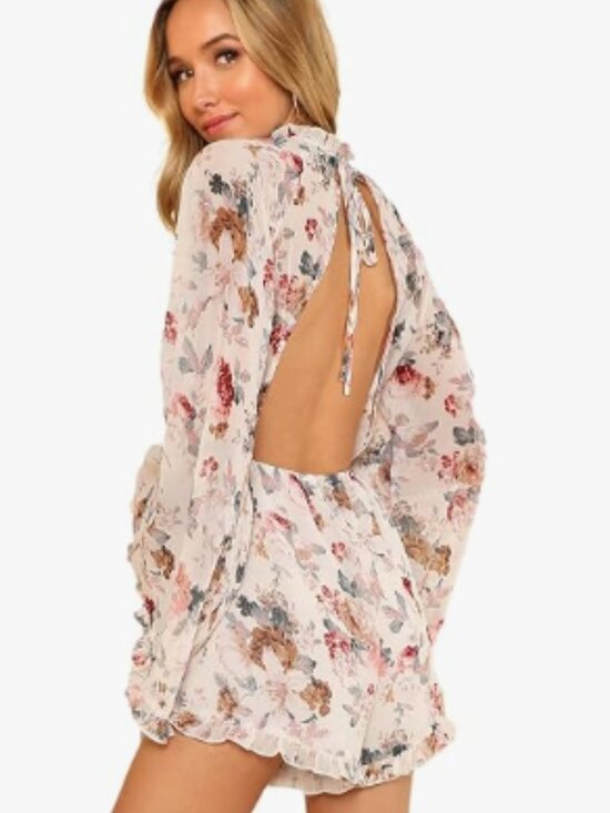SHEIN Pants - Shein Floral Open Back Romper With Long Bell Sleeves